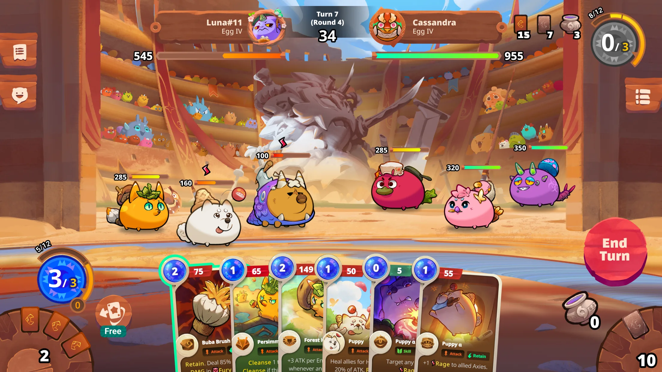 Axie Infinity: Luna#11 and Cassandra battle in turn 7, Egg IV level axies facing off