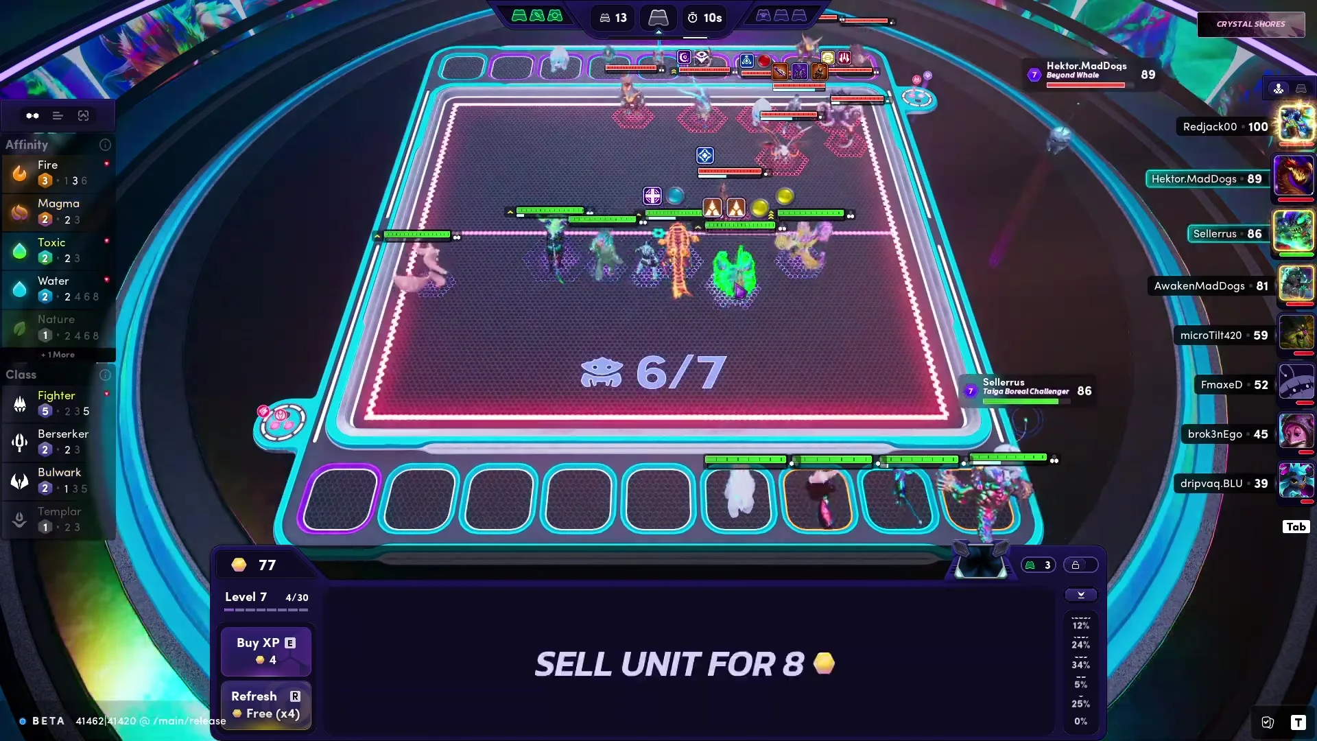 This image displays a gameplay scene from Illuvium, showing a player's team of seven creatures positioned on a hexagonal battle arena interface, surrounded by opponent stats and game controls.
