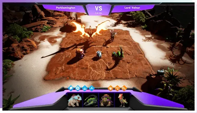 『Illuvium』のスクリーンショットでは、砂漠のような環境で「Porlamington」と「Lord Valnor」が対戦しており、中央の赤茶色の石板上に火を噴く翼竜や他のクリーチャーが存在し、画面下部にはプレイヤーが使用するキャラクターのアイコンが表示されています。.