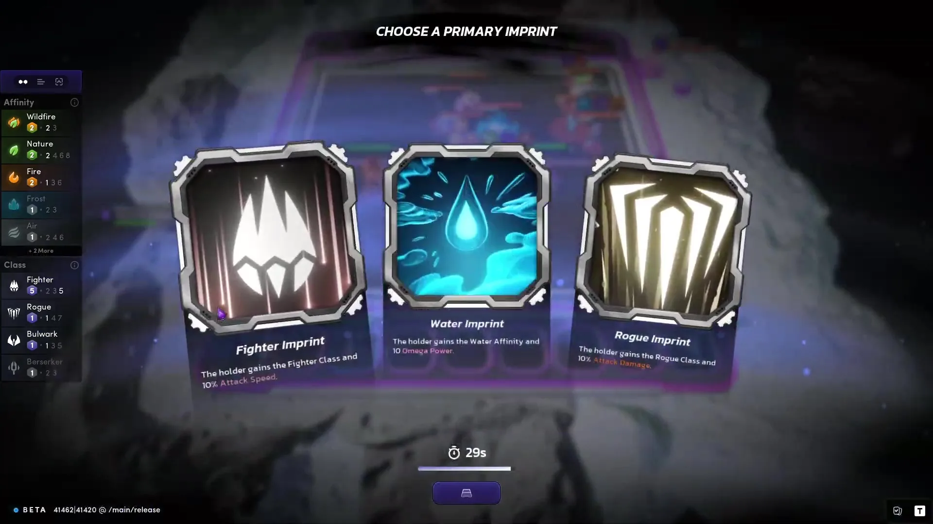 「Illuvium」のゲーム画面で、「CHOOSE A PRIMARY IMPRINT」というタイトルのもと、Fighter、Water、Rogueの3種類のImprintカードが並んでおり、左側のパネルにはAffinityとClassの一覧が表示され、中央下部にはタイマー（29秒）が見える状態。.