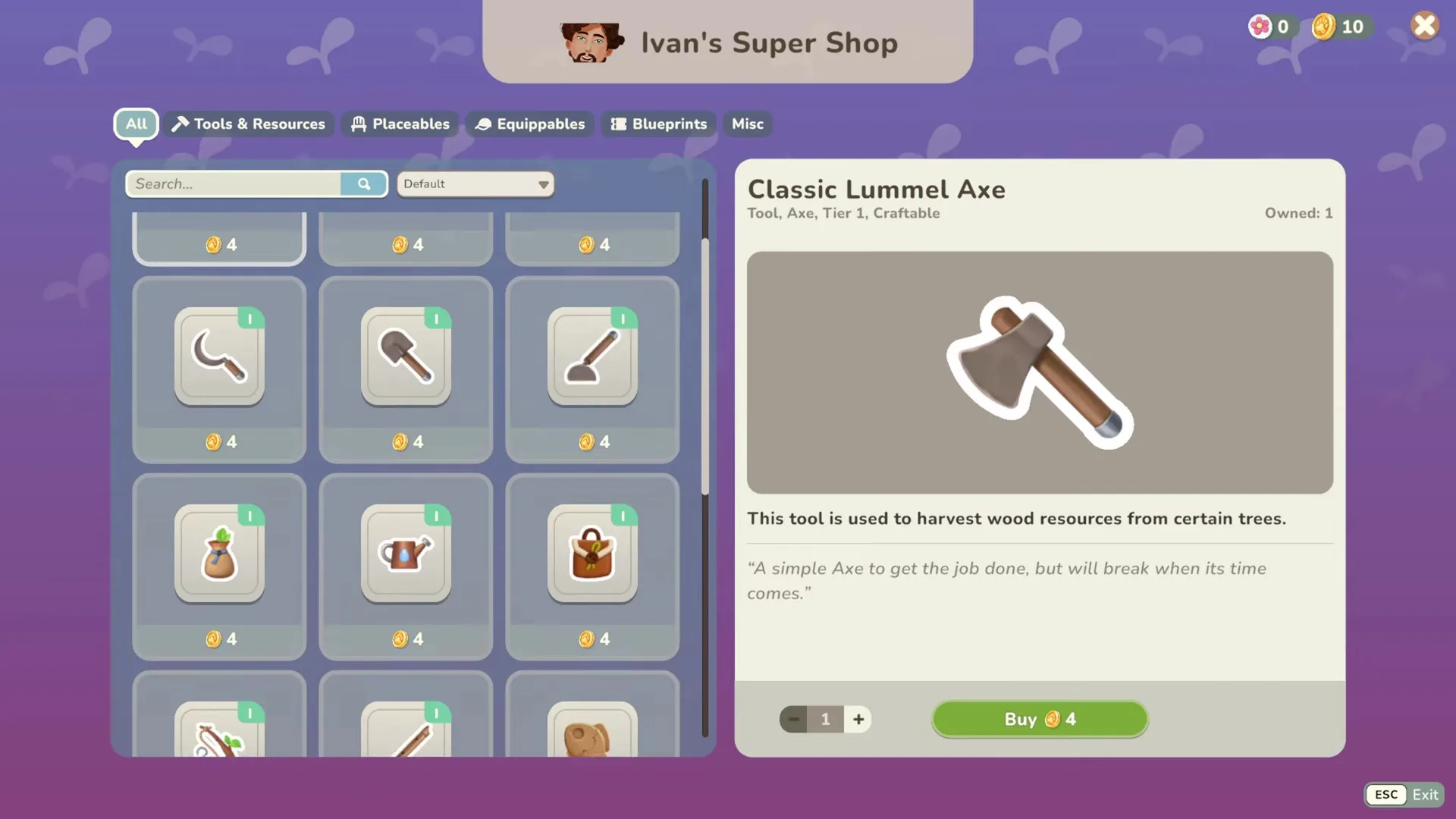 『My Neighbor Alice』の「Ivan's Super Shop」画面で、ツールの一種である斧の詳細が右側に表示され、左側には様々なアイテムが一覧になっているスクリーンショットです。.