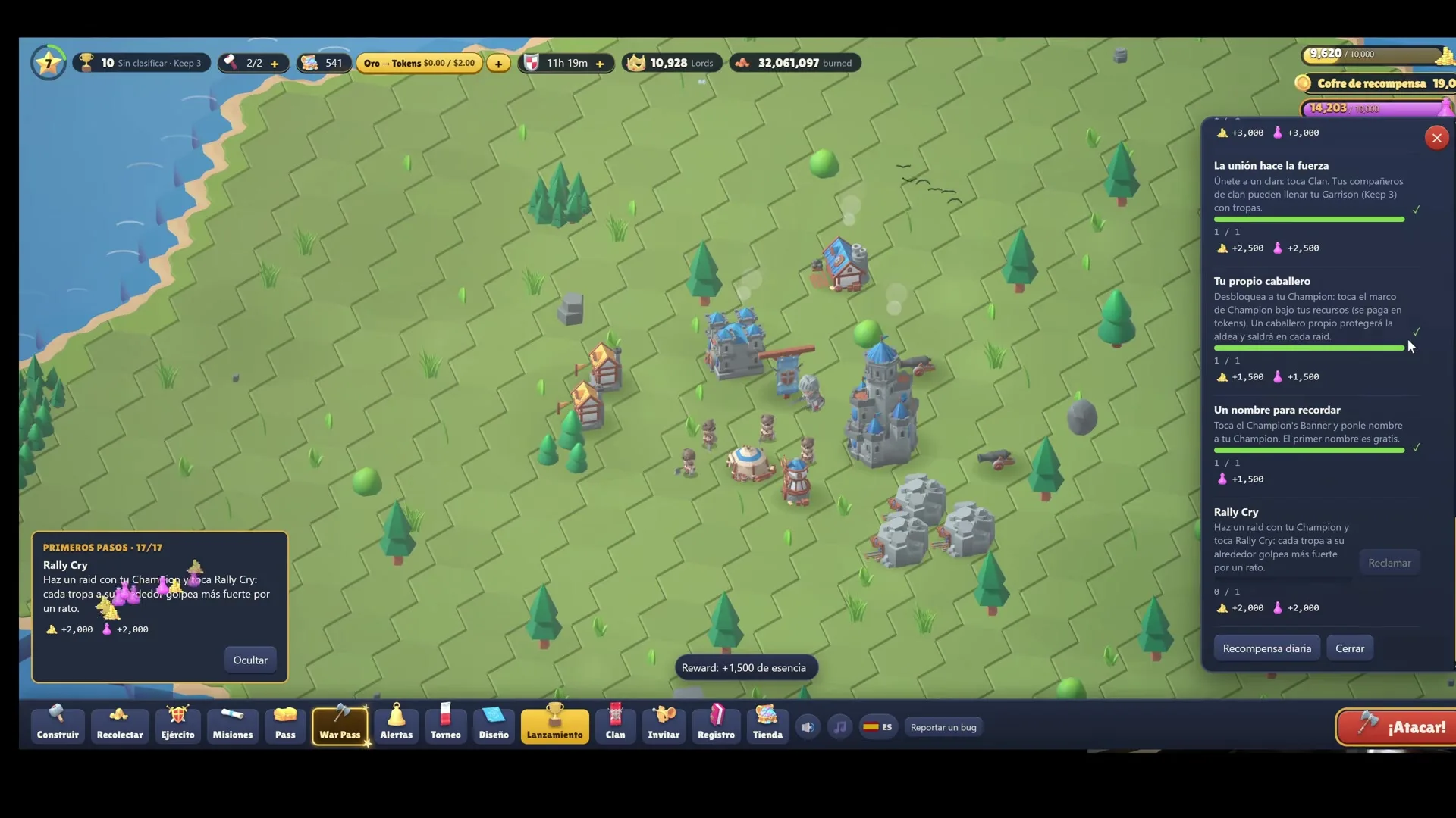 ゲーム『RaidLords』のプレイ画面。緑色のグリッド上にある城や建物が写っており、右側と左下には「War Pass」ミッションのリストが表示されている。