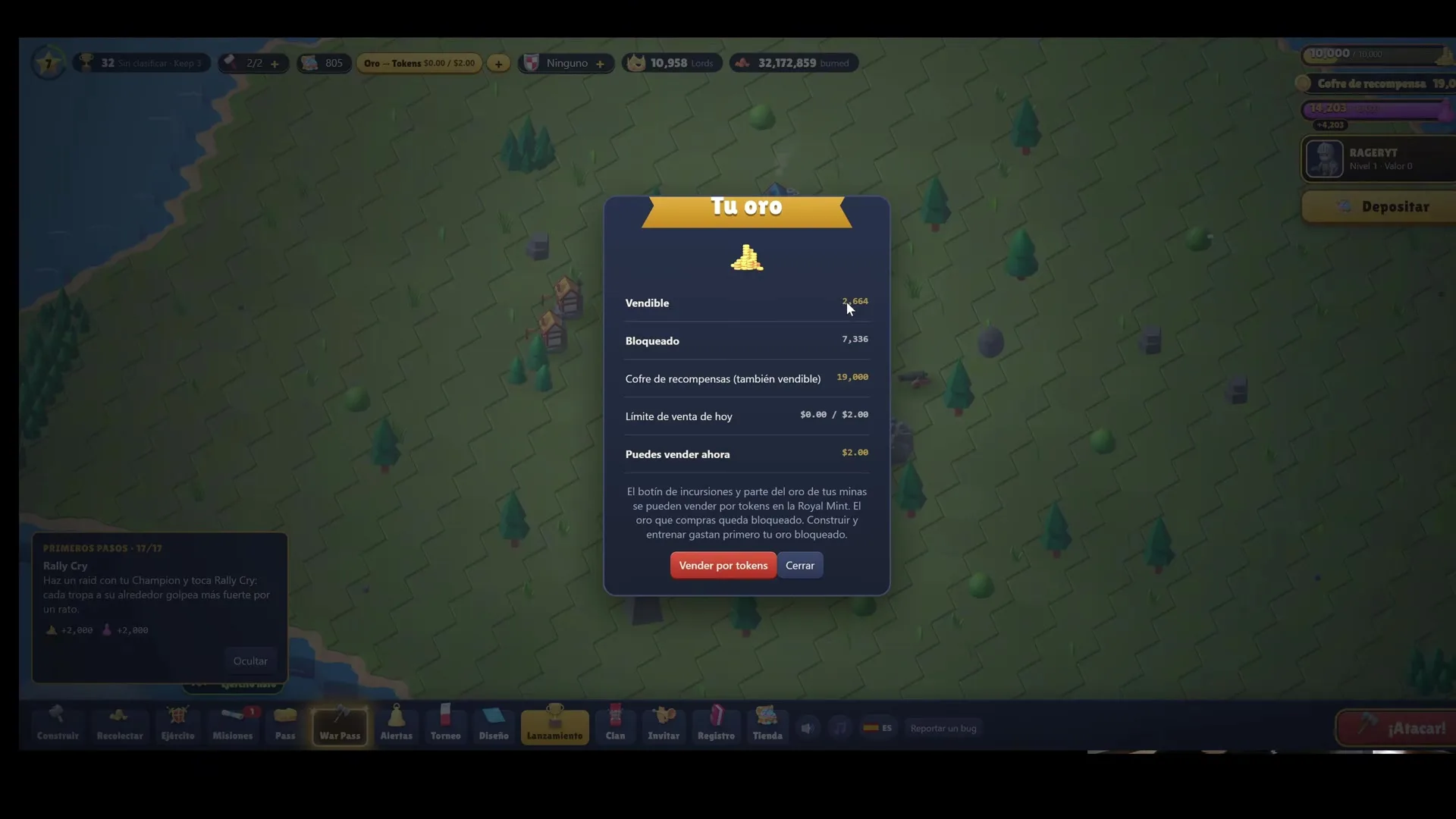 RaidLords のゲーム画面。中央に「Tu oro」のウィンドウが表示され、金貨とトークンの詳細がリストされている。背景には緑豊かなマップと建物が広がる。