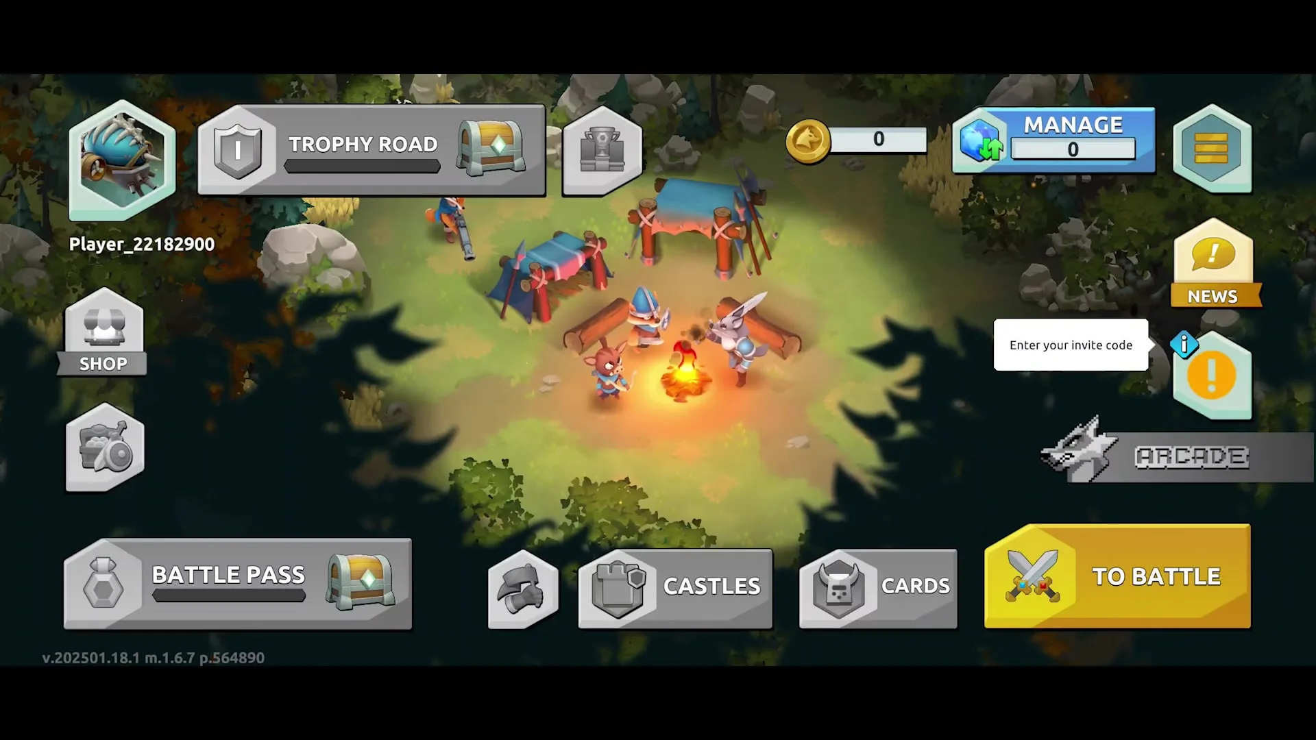 「Wild Forest」というゲームのホーム画面で、中央の焚き火を囲むキャラクターたちと、トロフィーロードやショップなどのメニューが配置された森の中のプロムナードが表示されています。.