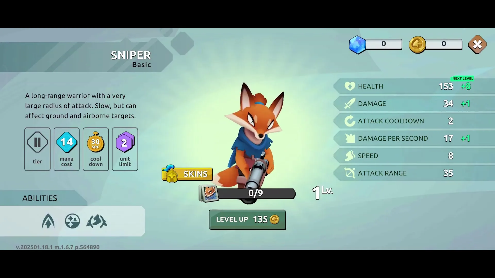 'Wild Forest'というゲームのキャラクター詳細画面に、スナイパーと呼ばれる狐型のユニットが表示されており、そのステータスやレベルアップオプションが示されています。.