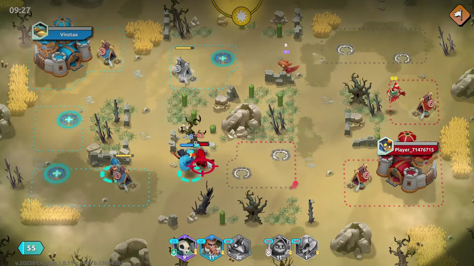 "Wild Forest"のゲーム画面には、砂漠のような地形に配置された青と赤の基地を持つプレイヤーVinztaaとPlayer_71476715が戦っており、中央で複数のユニット同士が戦闘中である。.
